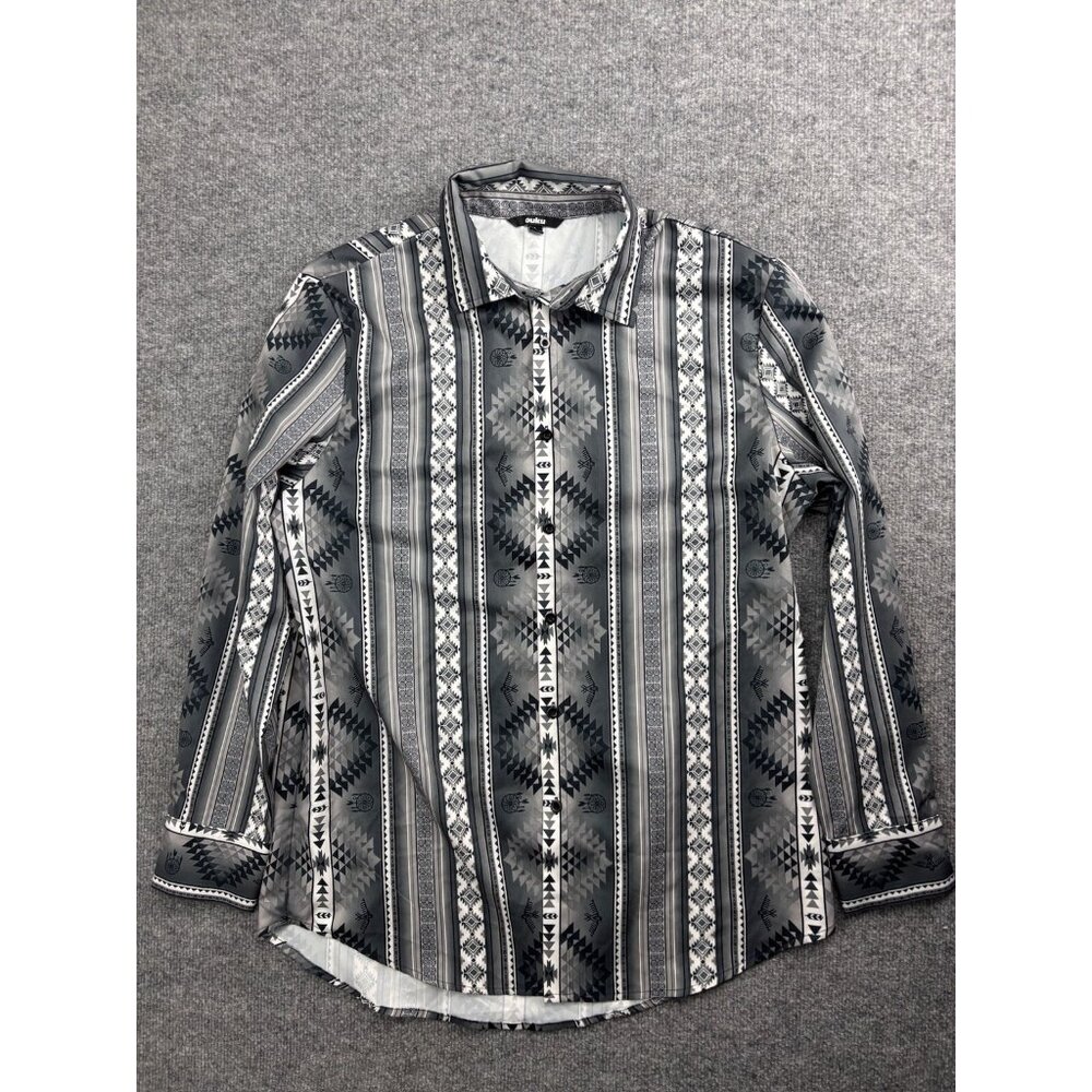 Ouku Button Up Shirt Men's Large Gray White Aztec Geometric Stripe Long Sleeve